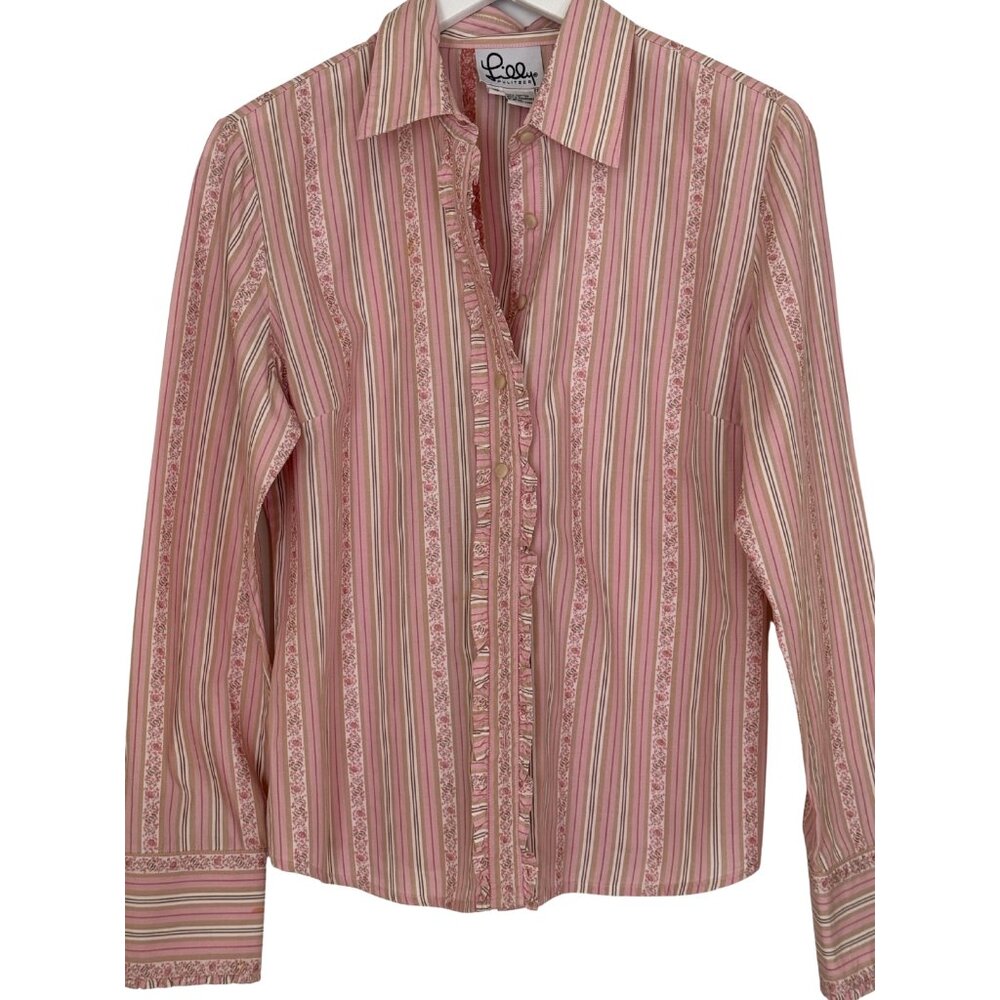 Vintage Lilly Pulitzer Pink Stripe Blouse | Ruffle Front Button-Down 1999-2003
